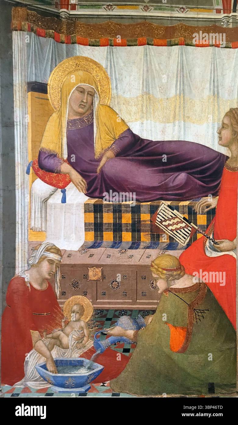 Eine Fotografie eines Details aus dem Gemälde „Geburt der Jungfrau“ von Pietro Lorenzetti aus dem Jahr 1342 n. Chr. Pietro Lorenzetti war ein bedeutender sienesischer Maler des 14. Jahrhunderts, bekannt für seine expressiven Figuren, den Einsatz von dramatischem Licht und seine bahnbrechende Herangehensweise an die Darstellung dreidimensionaler Räume. Die „Geburt der Jungfrau“ ist ein Schlüsselwerk, das einen Schlüsselmoment im Leben der Jungfrau Maria veranschaulicht, ein beliebtes Thema in der mittelalterlichen christlichen Kunst. 1342 Stockfoto