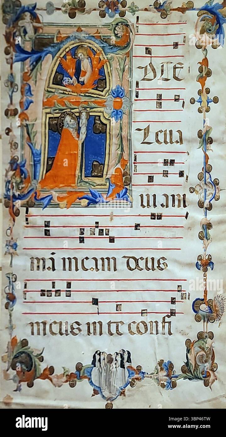 Ein Detail eines Blattes mit musikalischer Notation für einen Psalm aus einem beleuchteten Chorbuch für ein italienisches Kloster. Von Lippo Vanni, ca. 1350. Stockfoto
