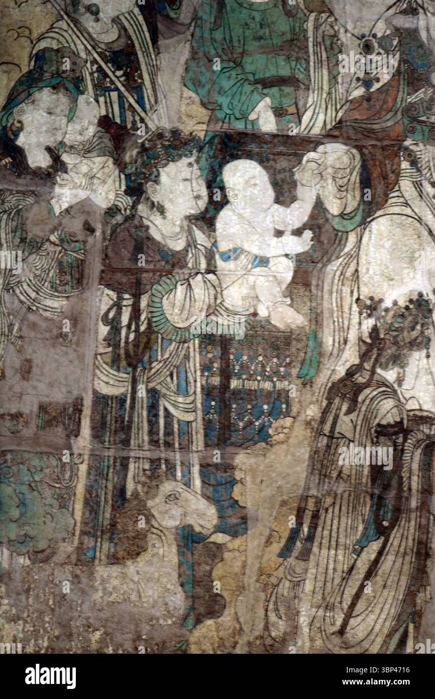 Fresko des Mahaprajapati mit dem Säuglingsbuddha. Vom Huayan Si Tempel, Yizheng, Provinz Shanxi, China, Ming Dynastie. c. 1550. Stockfoto