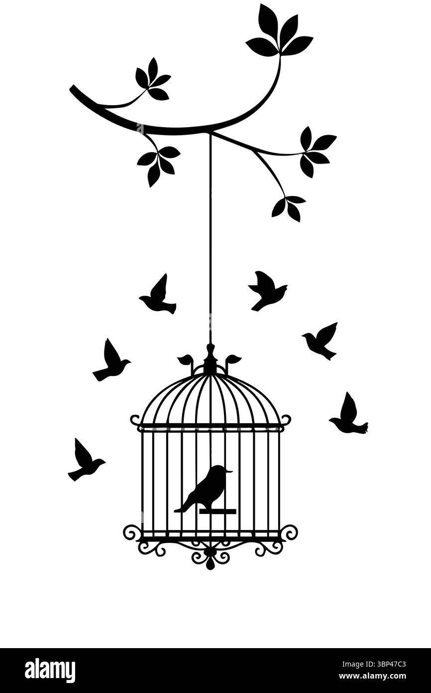 Silhouette des Vogels im Käfig mit fliegenden Vögeln und Baumzweig Stock Vektor