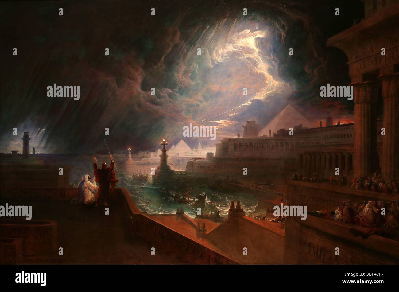 Siebte Pest von Ägypten von John Martin (1789?1854), die die alte Testamentbibelgeschichte „Pest von Hagel und Feuer“ darstellt, Exodus 9:13-35. Dieses Gemälde ist ein Paradebeispiel für John Martins charakteristischen apokalyptischen und erhabenen Stil, der in der romantischen Ära beliebt war. 1823. Stockfoto