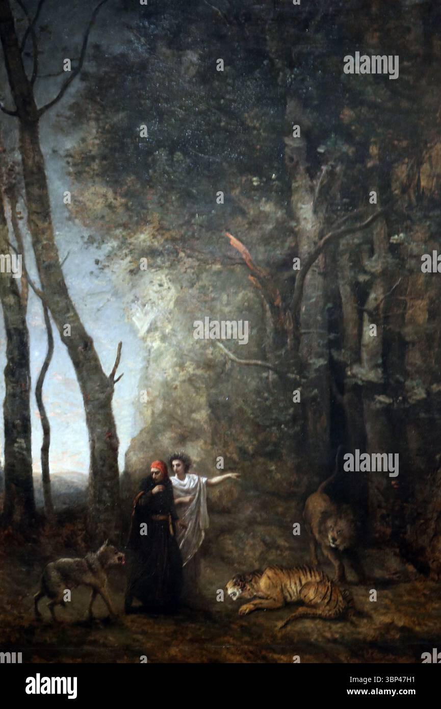Dante and Virgil, von Jean-Baptiste Camille Corot (1796?1875). Dieses Gemälde greift auf ein klassisches literarisches Thema aus Dante Alighieris Inferno zurück, das den Dichter Dante darstellt, der vom römischen Dichter Virgil durch die Unterwelt geführt wird. Corot, der zwar für seine Landschaftsmalereien bekannt ist, beschäftigte sich aber auch mit historischen und literarischen Themen, die ihnen oft seine charakteristischen atmosphärischen und lyrischen Qualitäten verleihen. 1859. Stockfoto