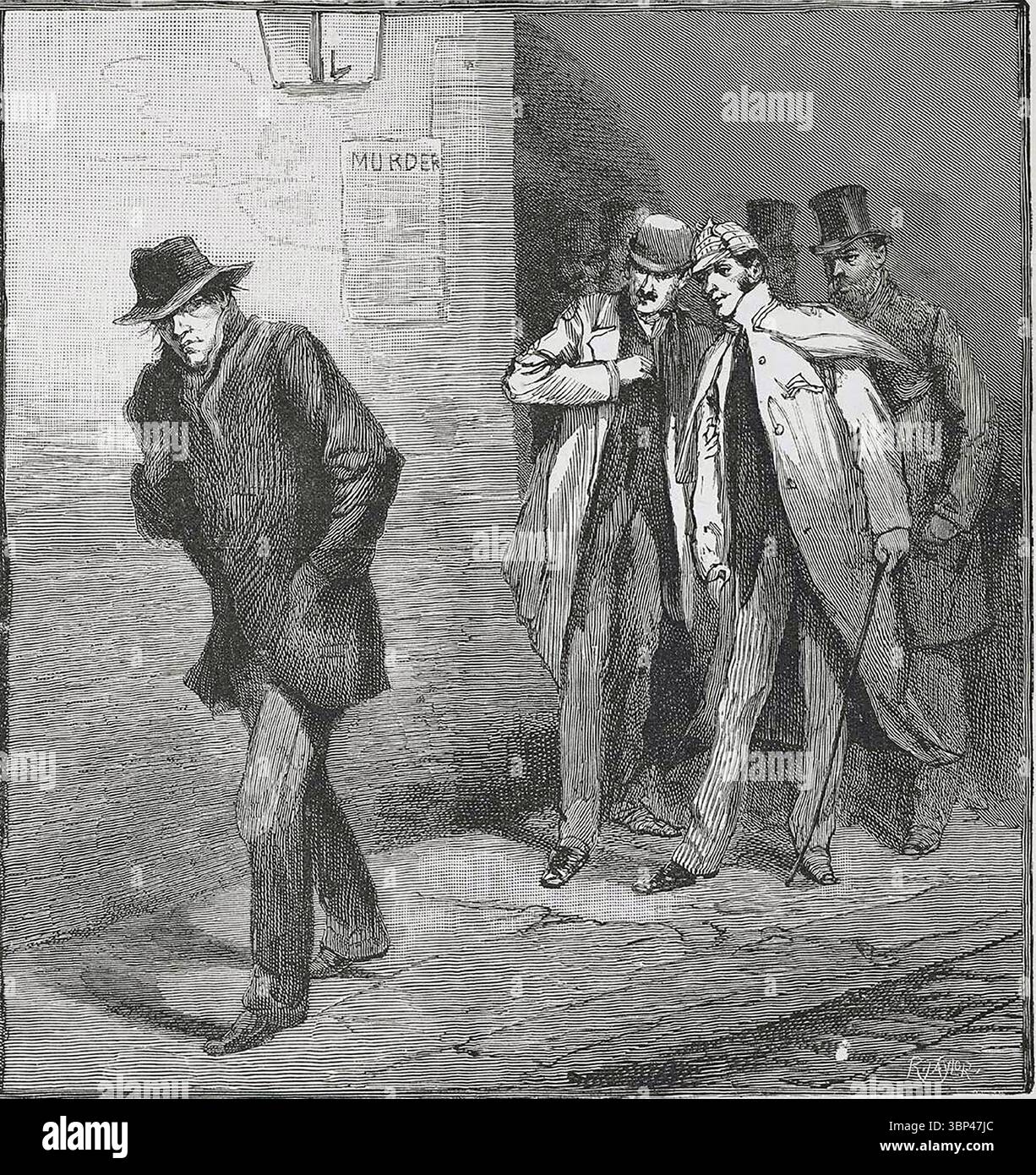 Illustrierter London News-Cartoon mit dem Titel „A suspcious Character“, der eine schattenhafte Straßenszene mit einer Figur zeigt, die Jack the Ripper ähnelt und von einem „MORD“-Schild wegeilt, während drei andere Männer beobachten. 1888 Stockfoto