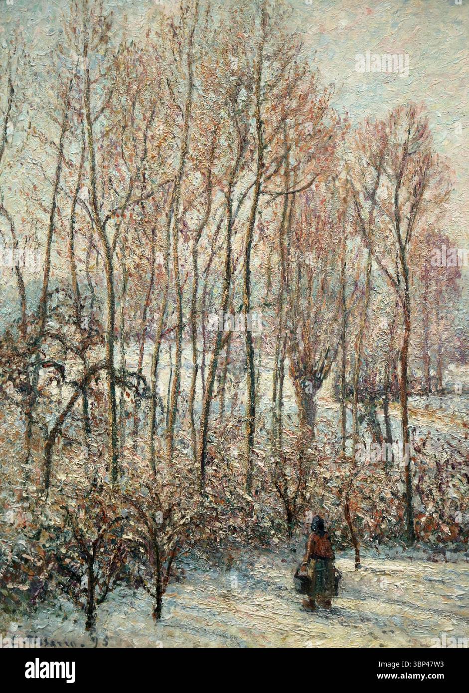 Morgensonnenlicht auf dem Schnee, Eragny-sur-Epte, von Camille Pissarro (1830 ? 1903), ein Dänisch-französischer Impressionist und Neo-Impressionist. Pissarro war bekannt für sein Engagement, sich verändernde Licht- und atmosphärische Bedingungen in seinen Landschaften einzufangen. 1881. Stockfoto