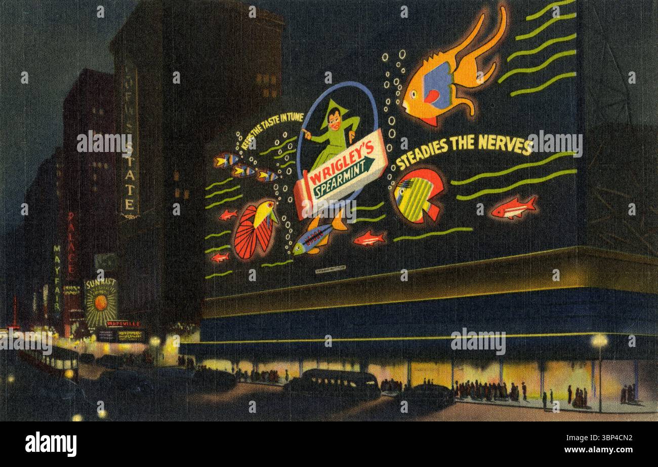 Vintage-Postkarte des Broadway, New York 1930er Jahre Stockfoto