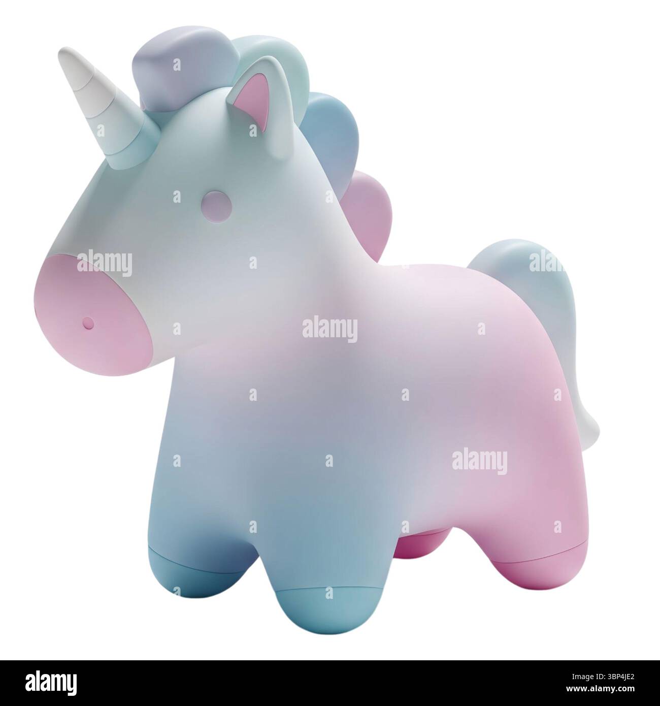 Einhorn, 3D, süß, minimalistisch, fröhlich, Spaß, Design, Fantasy, magisch, mythisch, Tier, Charakter, Illustration, entzückend, verspielt, skurril, Farbe Stockfoto