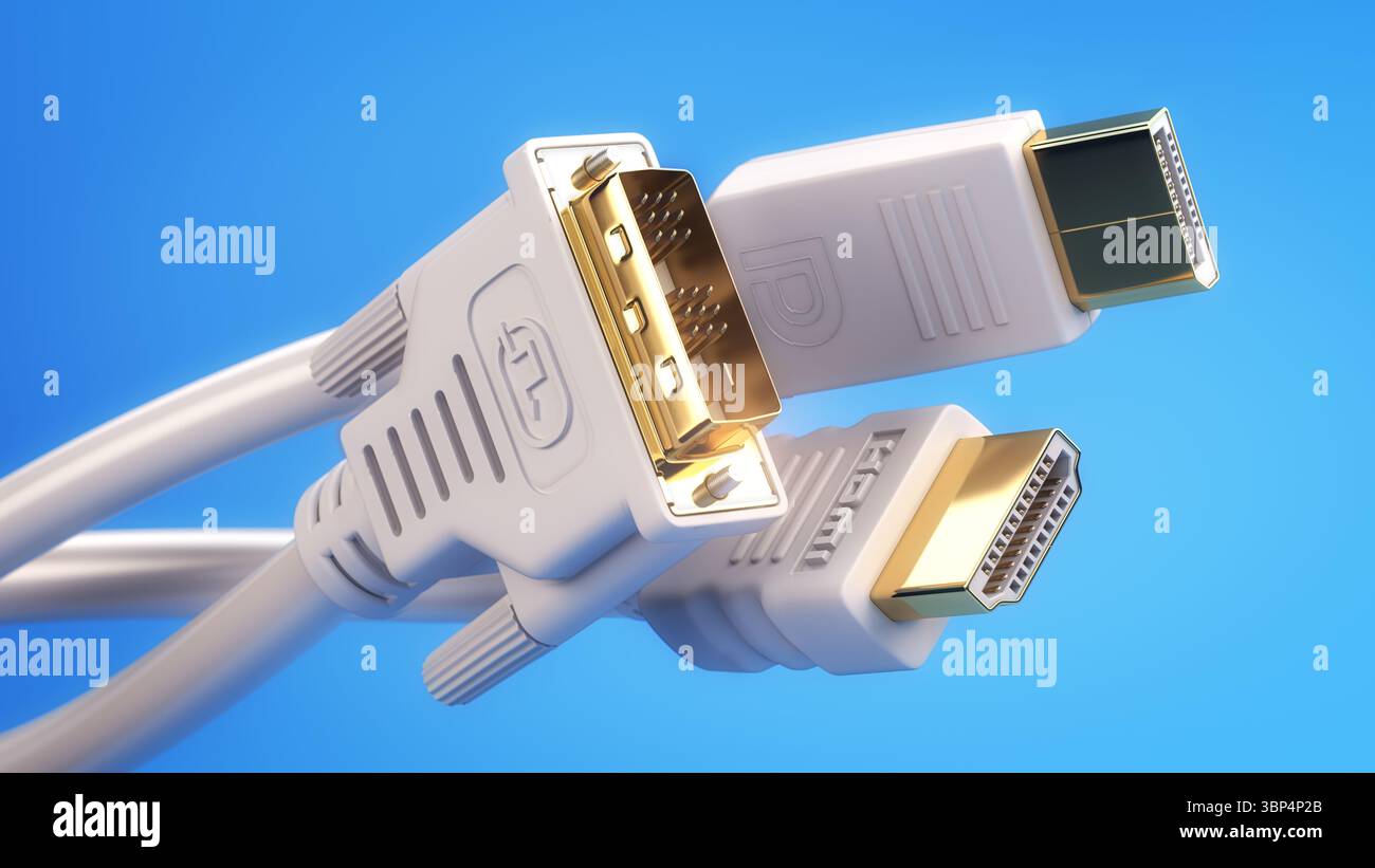 Verschiedene Arten von digitalen Videokabeln und Displayanschlüssen. HDMI-, Display-Port- und DVI-Kabel. 3D-Abbildung Stockfoto