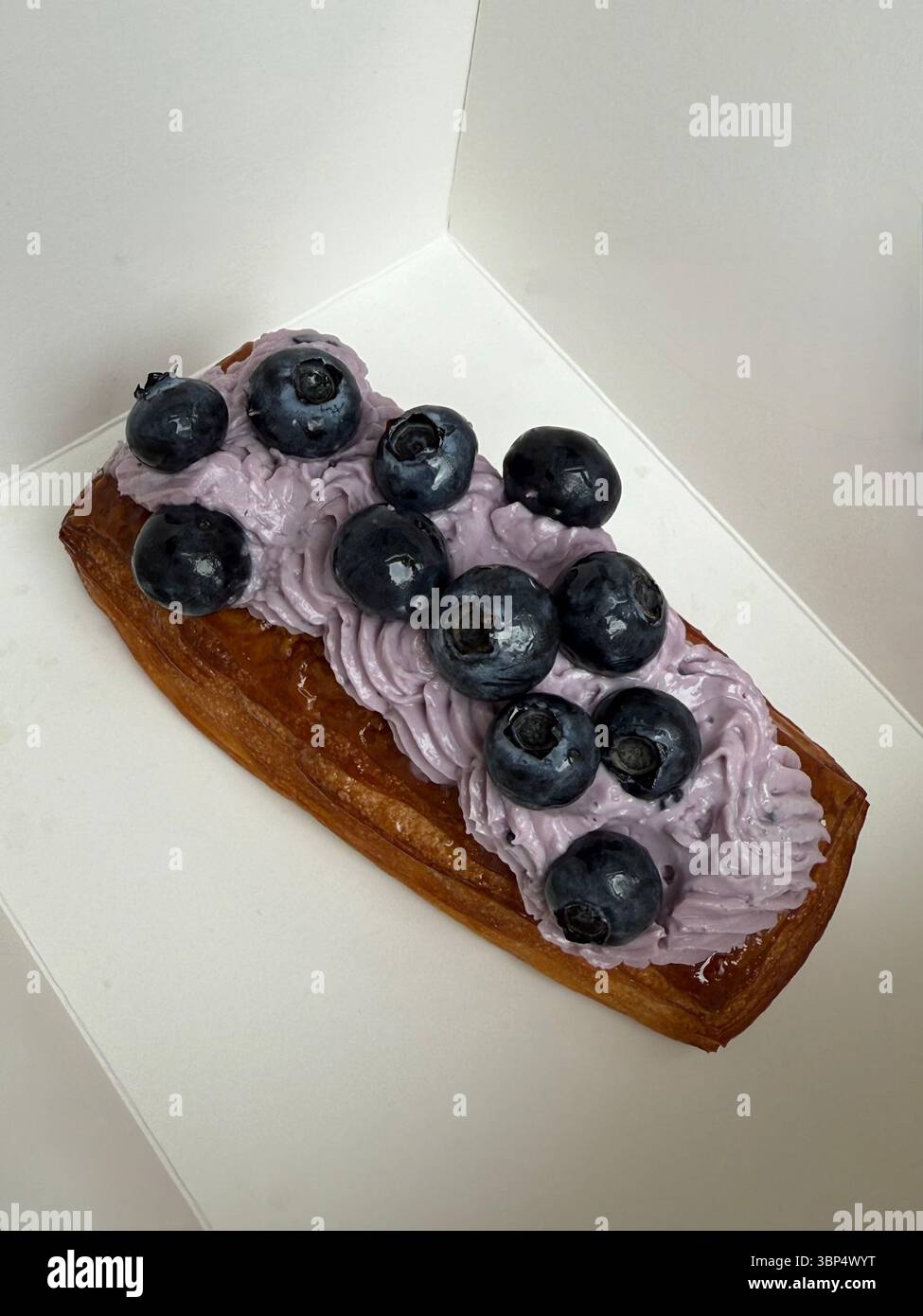 Dieses Foto zeigt einen einzelnen rechteckigen Teig mit goldbraun gebackenem Teig, gekrönt mit hellvioletter Creme und ganzen frischen Heidelbeeren. Das Element Stockfoto