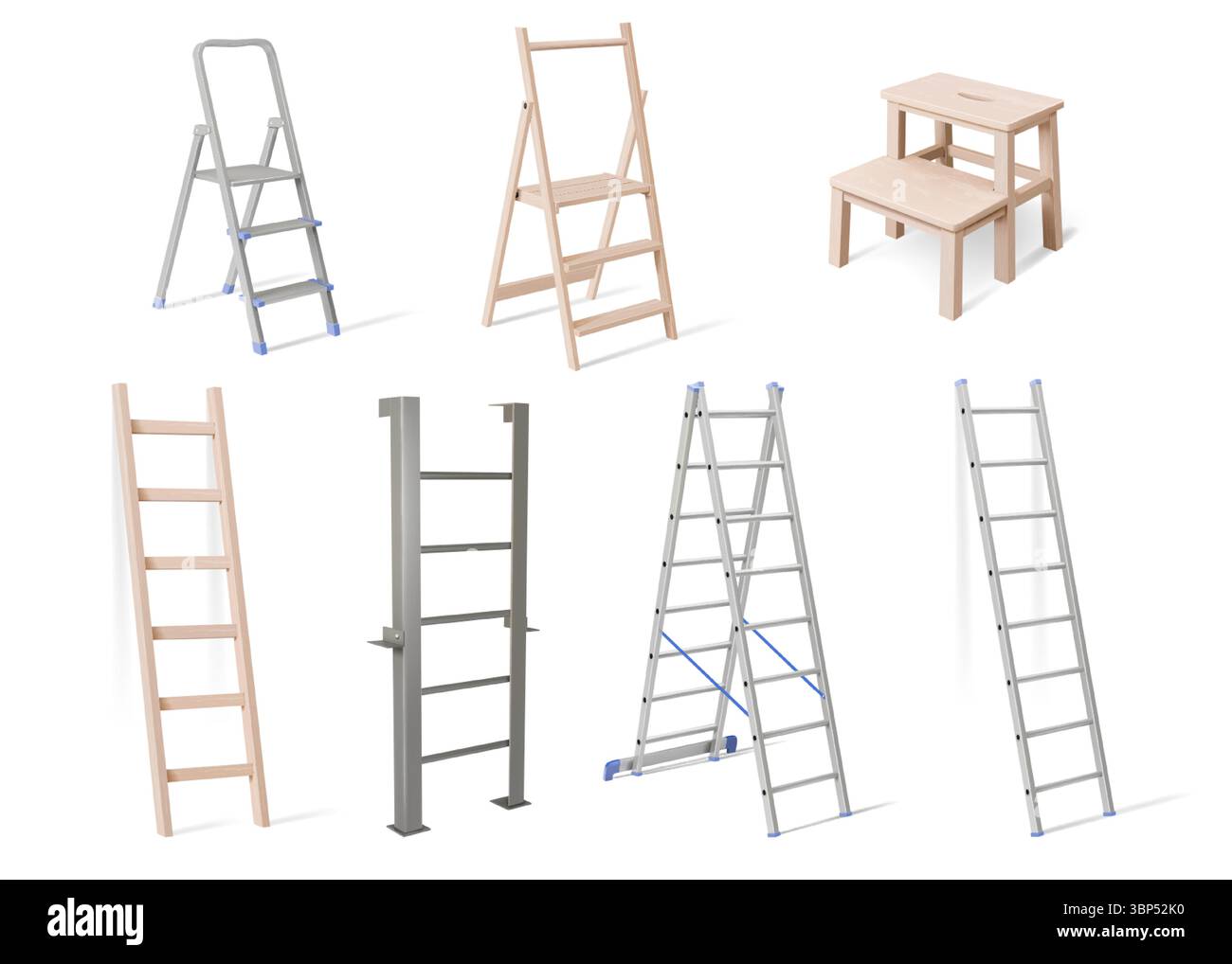 Holzleiter. Arbeitstreppen. Alte Metallstufen der Treppe. Tragbare Stehleiter für Haushalte. Holzwandkonstruktion. 3D-Treppe zum Klettern oder Renovieren von Gebäuden. Vektorisolierte realistische Sprossen gesetzt Stock Vektor