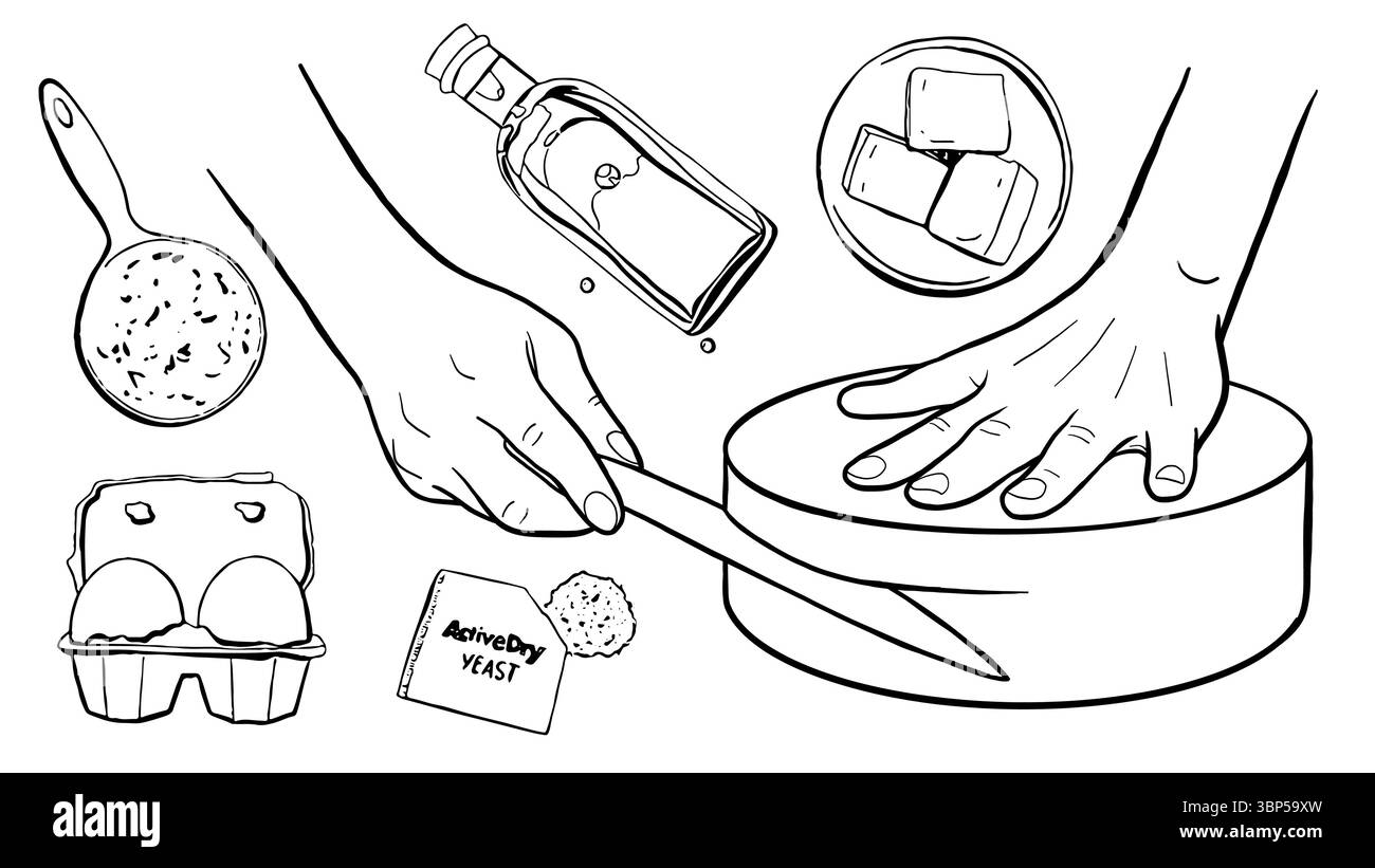 Satz der Backleine. Der Konditor schneidet mit Händen Kekse mit einem Messer. Zutaten für die Zubereitung von Keksen. Illustration des schwarzen Lebensmittelvektors. Stock Vektor