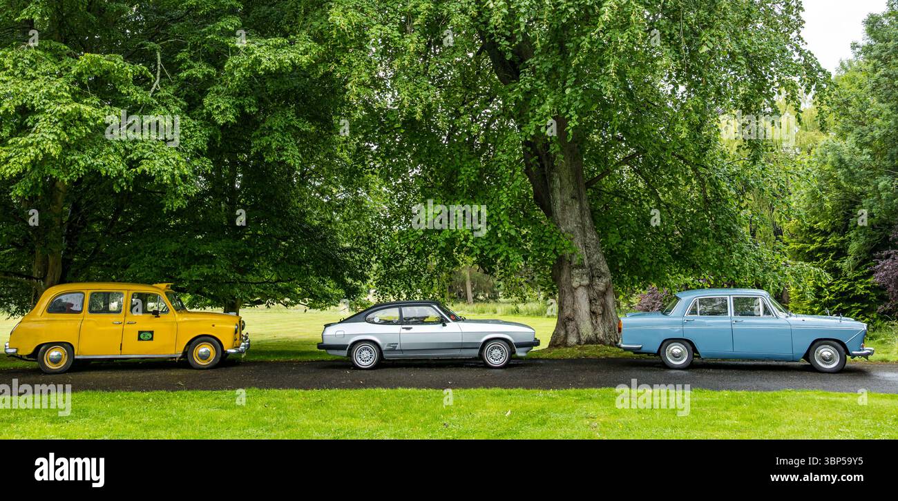 Haddington, East Lothian, Schottland, Vereinigtes Königreich, 6. Juli 2025. Wheels of gestern, Scottish Association of Vehicle Enthusiasten (SAVE) jährlicher Ausflug. Mitglieder reisen durch East Lothian und kommen zum Mittagessen im Lennoxlove House. Abgebildet: Fahrzeuge auf dem Lennoxlove Estate. Quelle: Sally Anderson/Alamy Live News Stockfoto