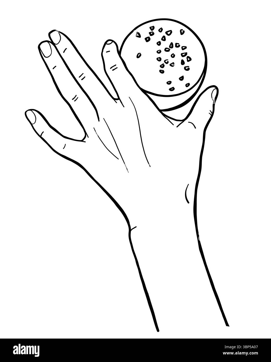 Weibliche linke Hand, die Cupcake mit Streuseln hält. Schwarze Backlinie Vektor-Illustration mit Handgesten Stock Vektor