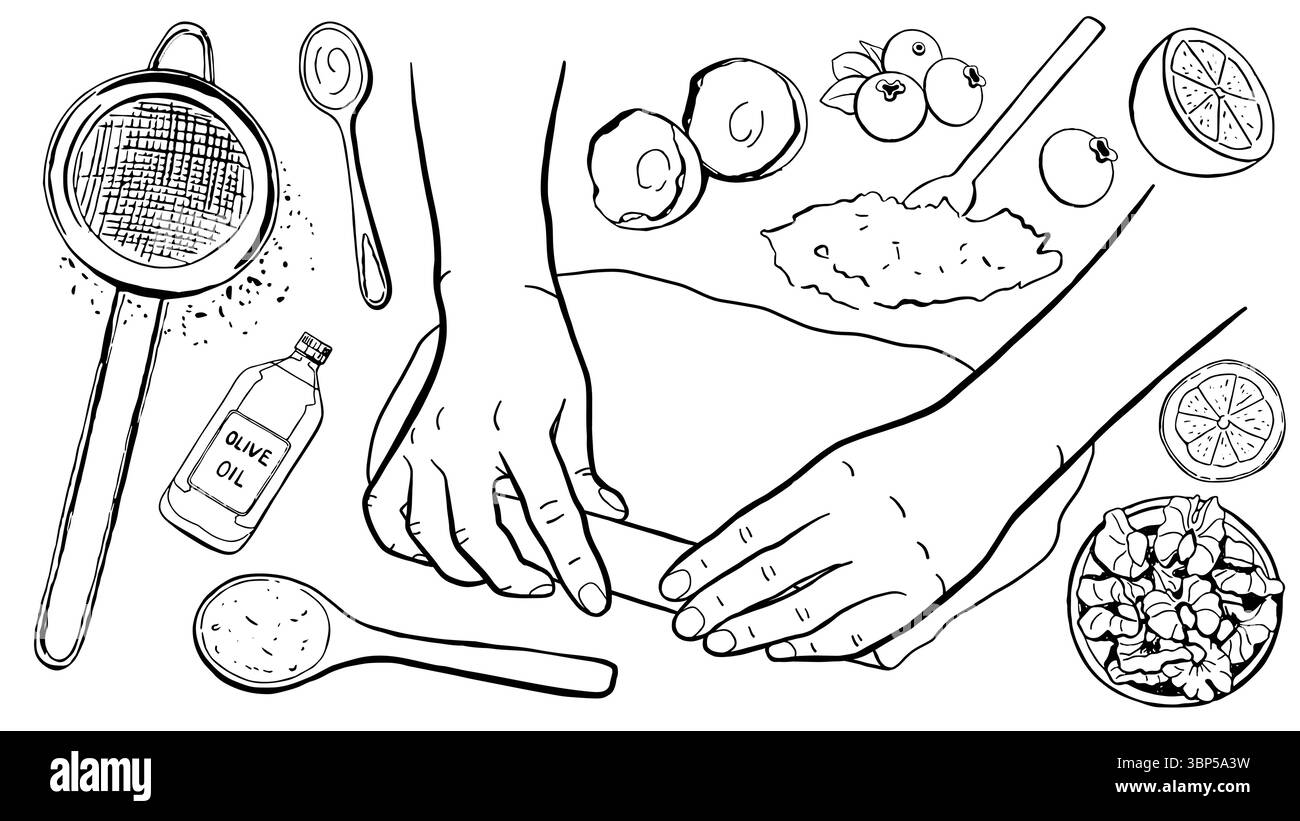 Konditorleinen-Set. Der Koch hat den Teig in die Rolle gerollt. Zutaten zum Backen. Illustration des schwarzen Lebensmittelvektors. Stock Vektor