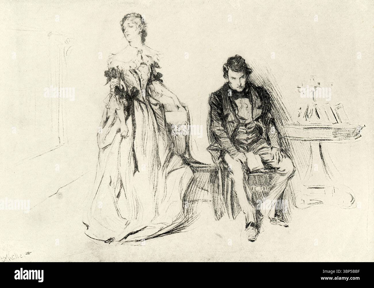 Die Bildunterschrift von 1901 lautet: „Das ist der Schmuck, den du mir je gegeben hast.“ Er stammt aus George Eliots Middlemarch und wird von der Figur Rosamond Vincy gesprochen, der elegantesten Figur des Romans. Middlemarch, ein Roman von George Eliot (Pseudonym von Mary Ann Evans), erschien 1871–72 in acht Teilen und 1872 in vier Bänden. Es gilt als Eliots Meisterwerk. Eliot war ein englischer Schriftsteller, Dichter, Journalist, Übersetzer und einer der führenden Schriftsteller der viktorianischen Ära. Stockfoto