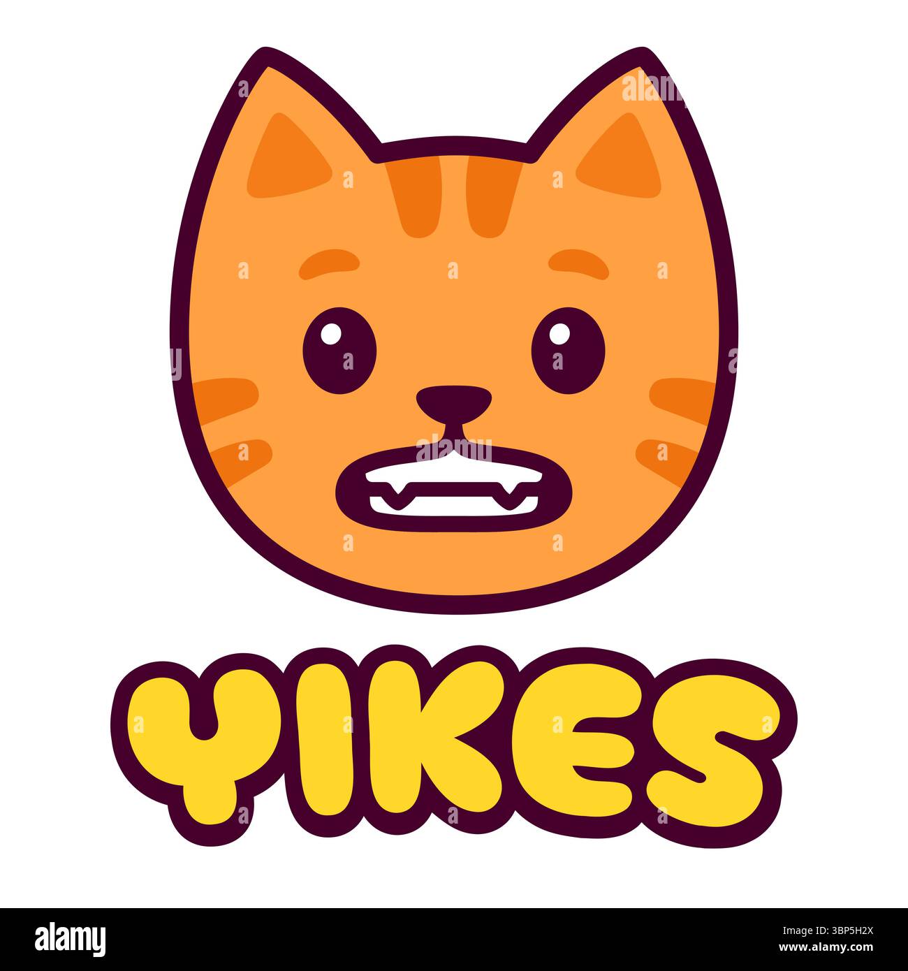 Niedliche Zeichentrickzeichnung mit Katzengesicht und Textblase „Yikes“. Komisches Zwingen, unangenehme, peinliche Reaktion. Einfache handgezeichnete Vektorillustration Stock Vektor