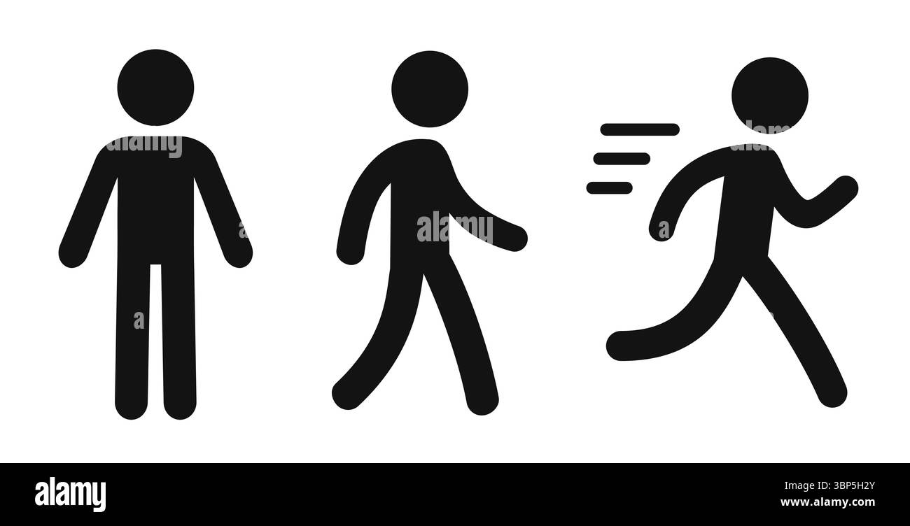 Einfache Stabfigur menschliche Ikone: Stehend, laufen und laufen. Schwarzes Silhouettensymbol, Vektorillustration Set. Stock Vektor