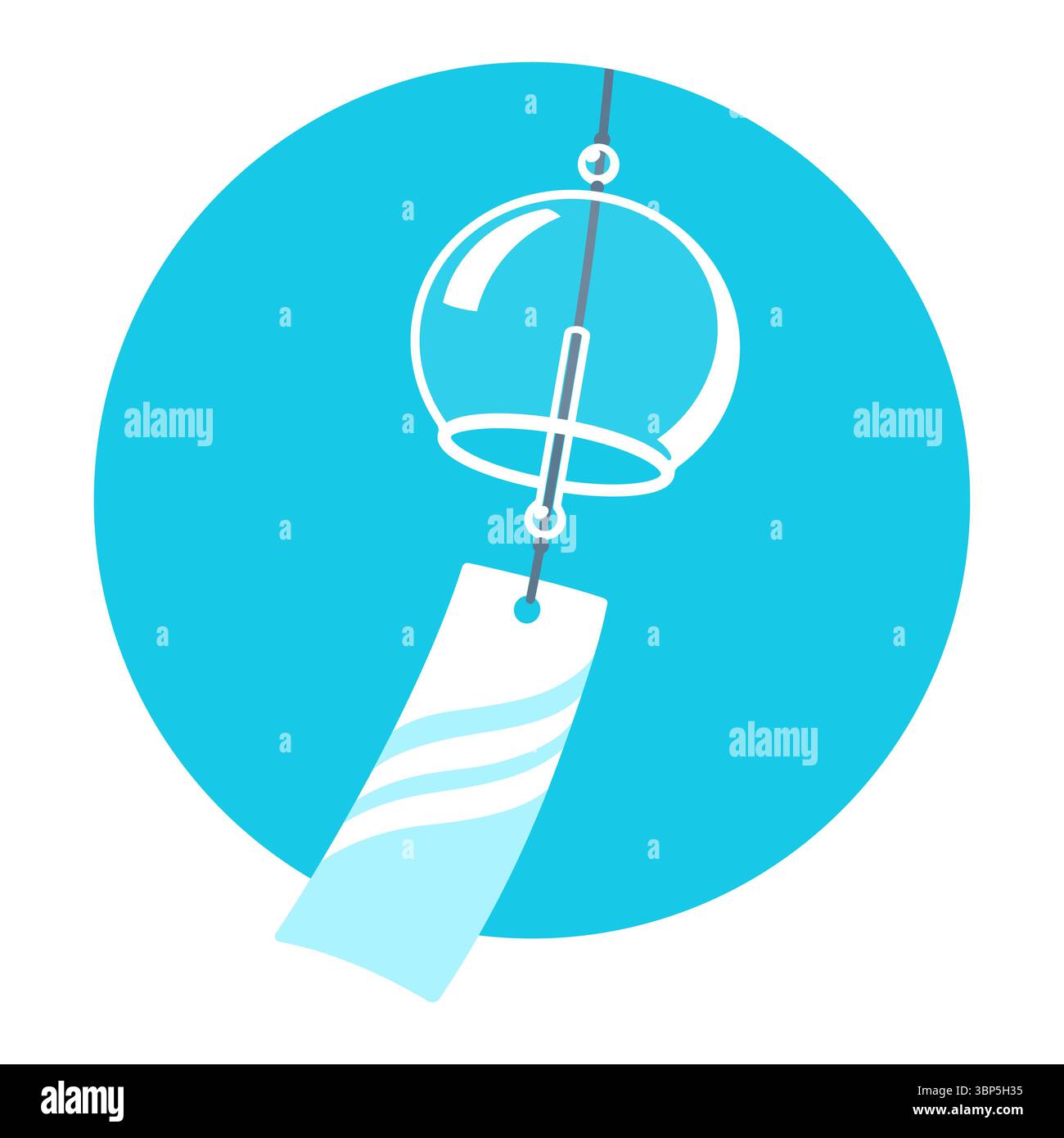 Furin, traditionelles japanisches Windspiel. Transparente Glasglocke auf blauem Himmel Hintergrund. Einfache, minimale Vektordarstellung. Stock Vektor