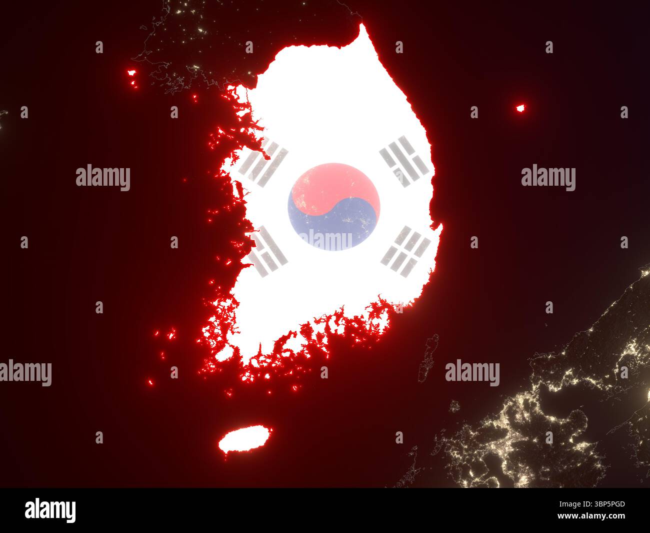 Flagge Südkoreas in Form des Landes auf der Nachtkarte. Elemente dieses Bildes, die von der ESA bereitgestellt werden. Stockfoto