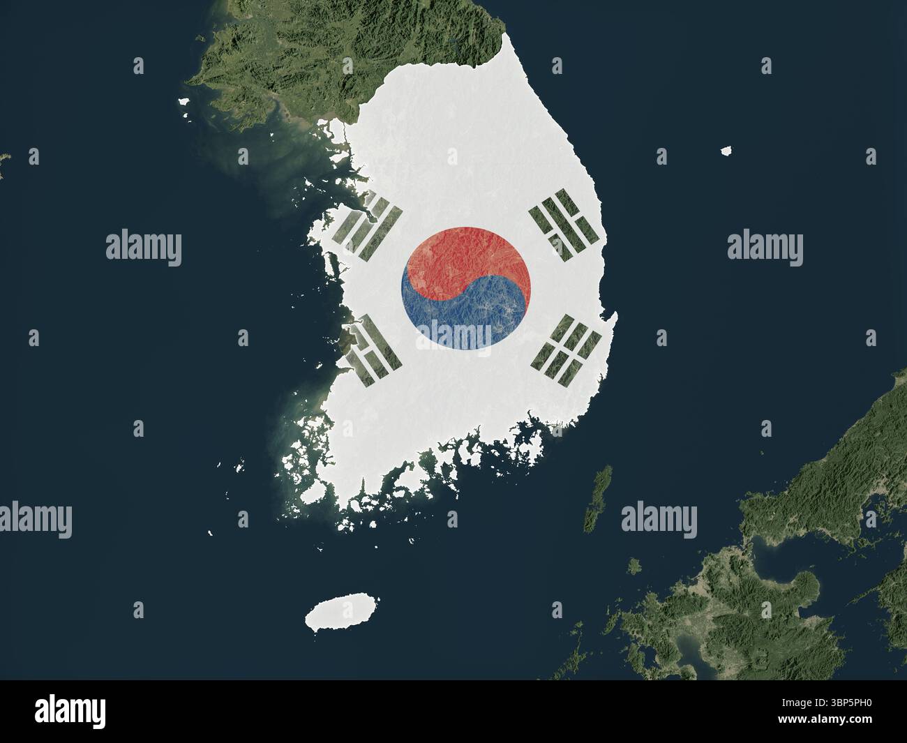 Südkoreas Land vom Weltraum aus gesehen mit seiner Nationalflagge überlagert. Elemente dieses Bildes, die von der ESA bereitgestellt werden. Stockfoto