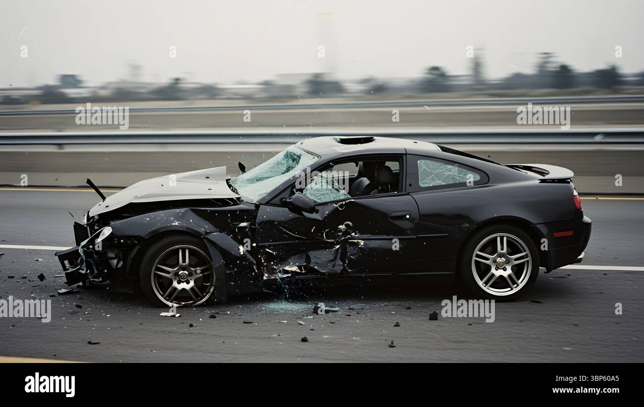 Katastrophaler Autounfall: Schwere Schäden, zerbrochene Windschutzscheibe, zerknitterte Motorhaube, Airbags ausgelöst. Stockfoto