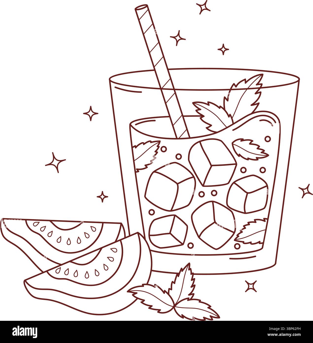 Umreißen Sie das Guava-Getränk mit Eis- und Minzblättern und tropischen Scheiben. Erfrischender Sommercocktail mit gestreiftem Stroh. Linienzeichnung, Malbuch. Ve Stock Vektor