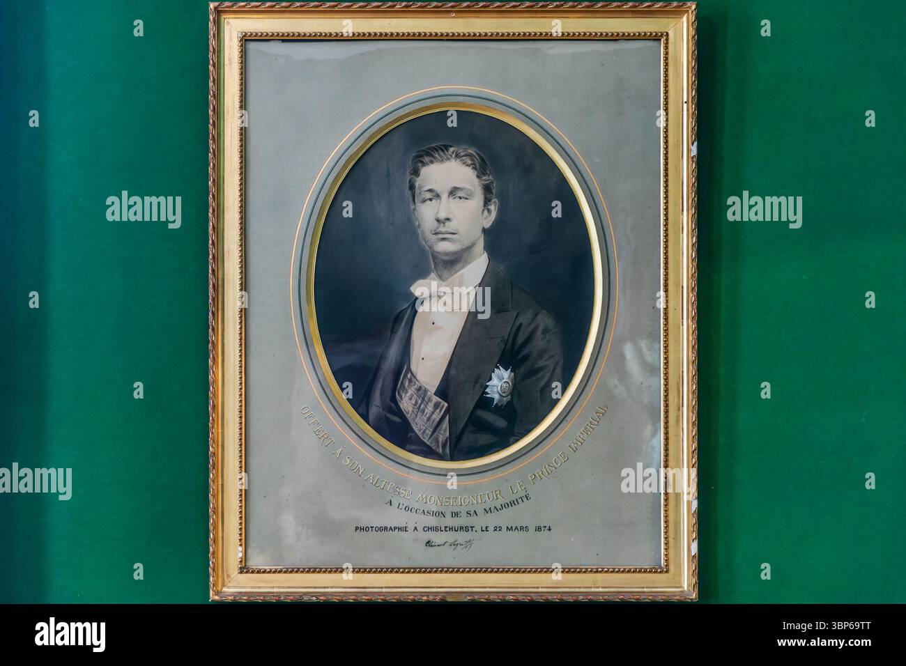 Ein gerahmtes Portraitfoto von Louis-Napoleon, Prinz Imperial, aufgenommen am 22. März 1874 in Chislehurst anlässlich seines Erwachsenenwerdens. Dieses historische Bild ist im Napoleon Museum Arenenberg in Salenstein, Thurgau, Schweiz zu sehen Stockfoto