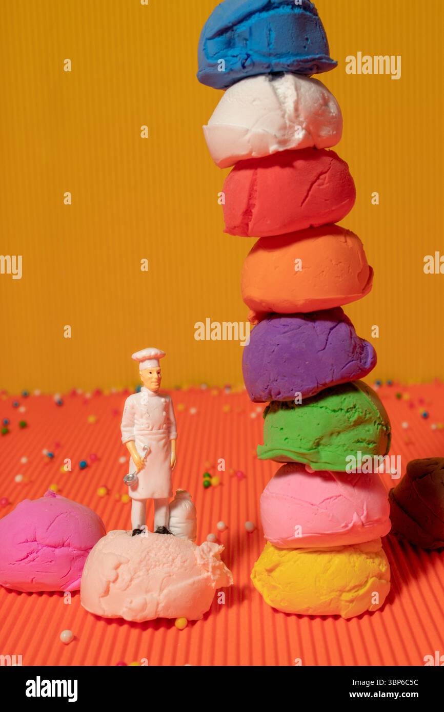 Küchenspielzeug und mehrfarbige Eislöffel auf orangefarbenem und gelbem Hintergrund. Lebendige Farben Stockfoto