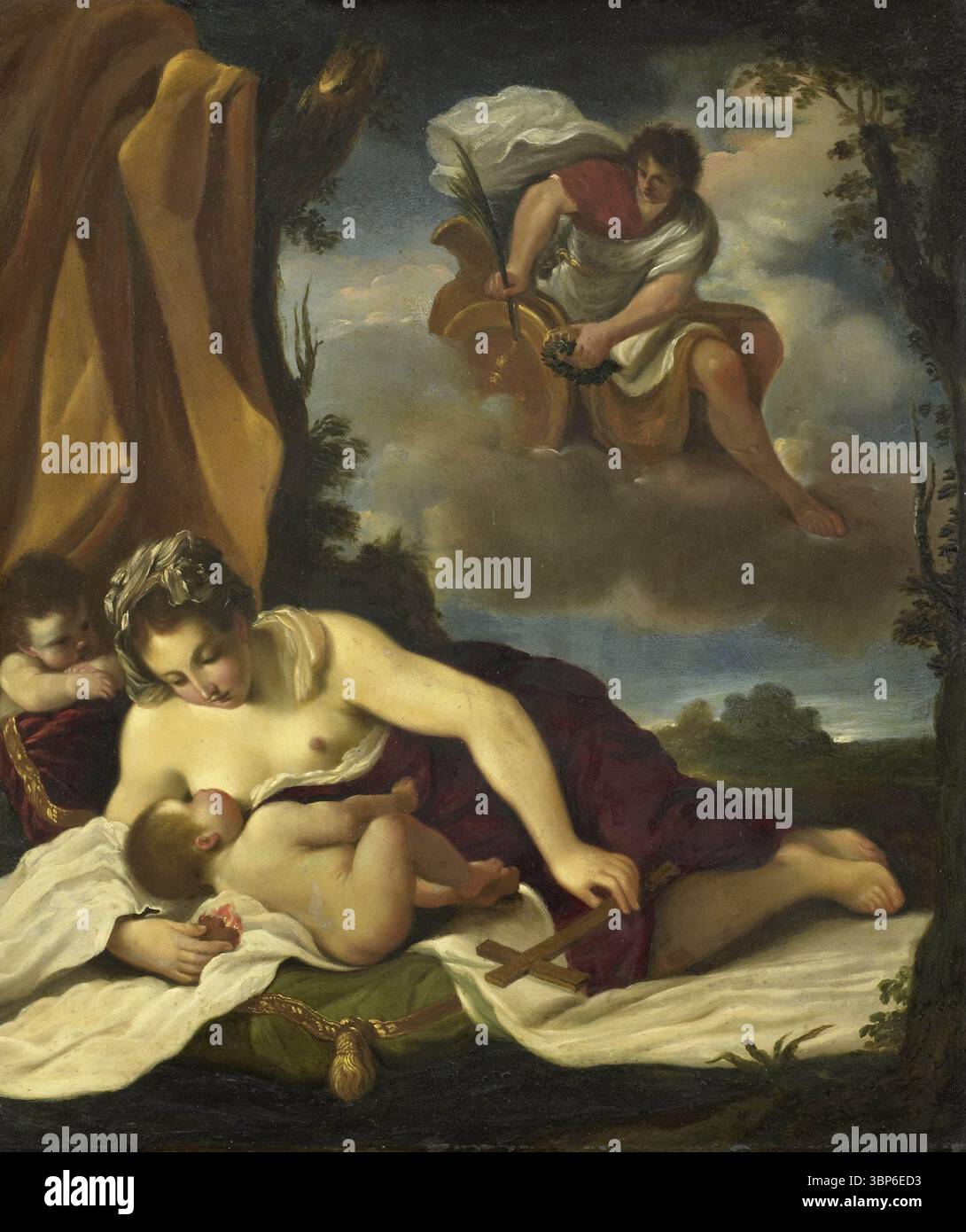 Charity, 'Caritas'; ' Carità' (Ripa)  eine der drei theologischen Tugenden - Allegory of caritas - nach guercino - in einer Landschaft zwischen Bäumen liegt eine Frau auf einem Tuch und stillt ihr Kind, in ihrer linken Hand hält sie ein Kreuz. Ein weiteres Kind sieht links zu. In den Wolken befindet sich ein Triumphwagen, in dem ein Mann der Frau einen Lorbeerkranz und einen Palmenzweig überreicht. Die Szene wurde als Caritas und als Venus stillender Amor interpretiert. Stockfoto
