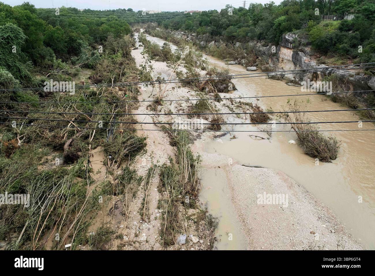6. Juli 2025: In Georgetown werden die Folgen des rasenden Hochwassers im South San Gabriel River durch heruntergefallene Bäume deutlich. Georgetown, Texas. Mario Cantu/CSM Stockfoto