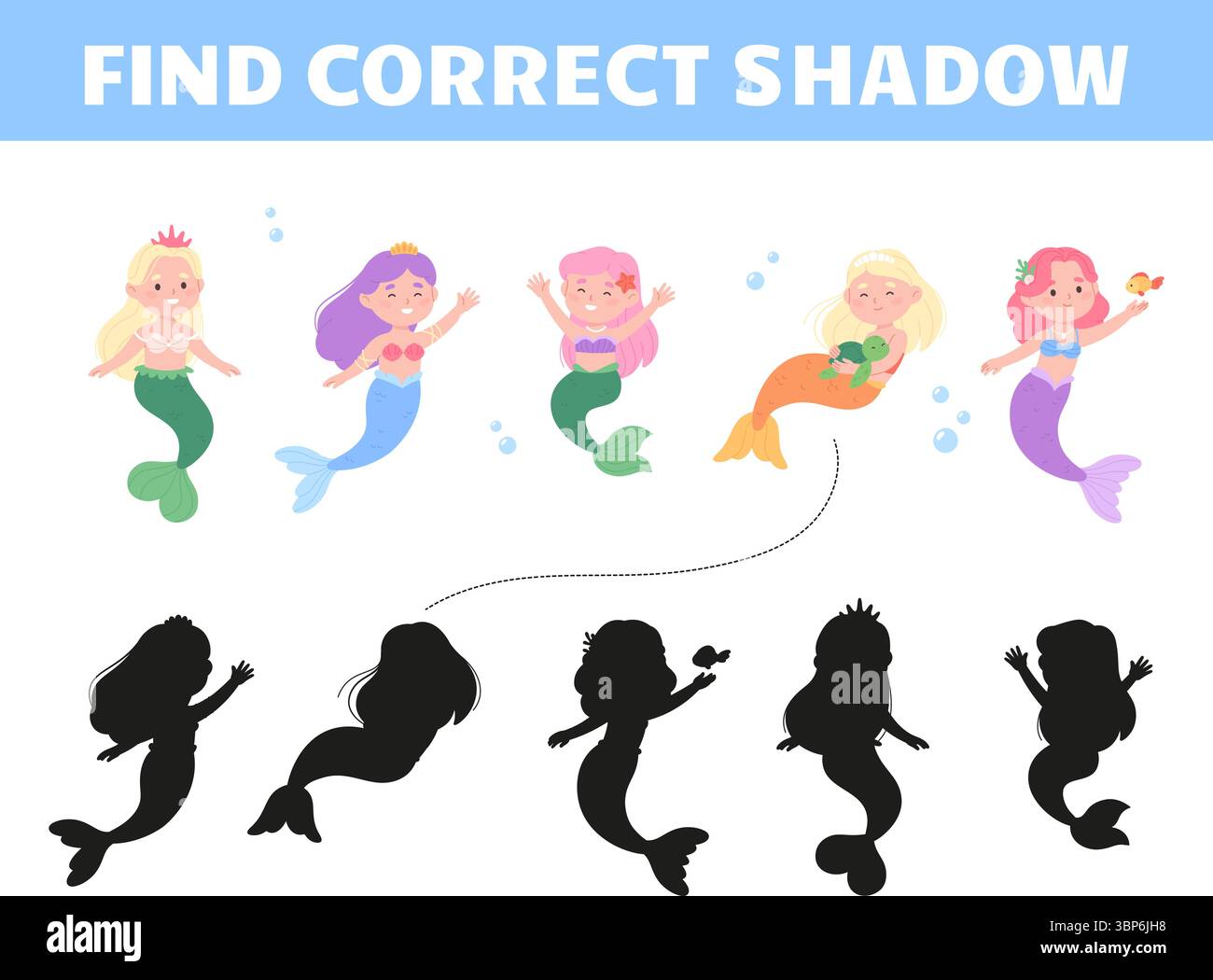 Finde den richtigen Meerjungfrauenschatten. Kinder Bildungsentwicklungsspiel mit lustigen Zeichentrickfilm Unterwasser Meerjungfrauen Prinzessin, Fisch, Schildkröte, Vektorvorlage Stock Vektor