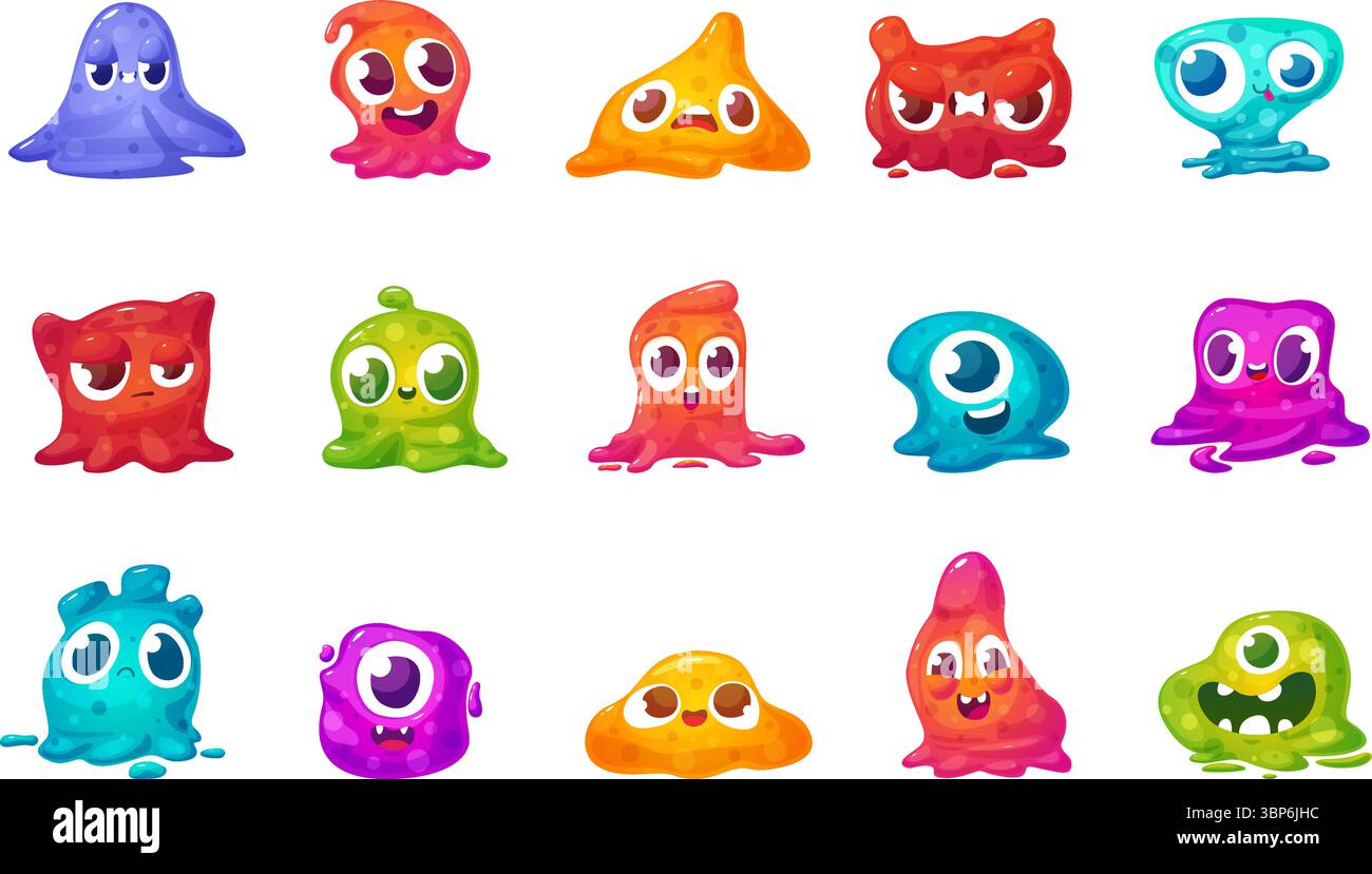 Schleimige Comic-Monster. Lustige Jelly Aliens verschiedene Emotionen. Flüssige fantastische Kreaturen, buntes Monster. Kindermaskottchen heutzutage Vektorset Stock Vektor