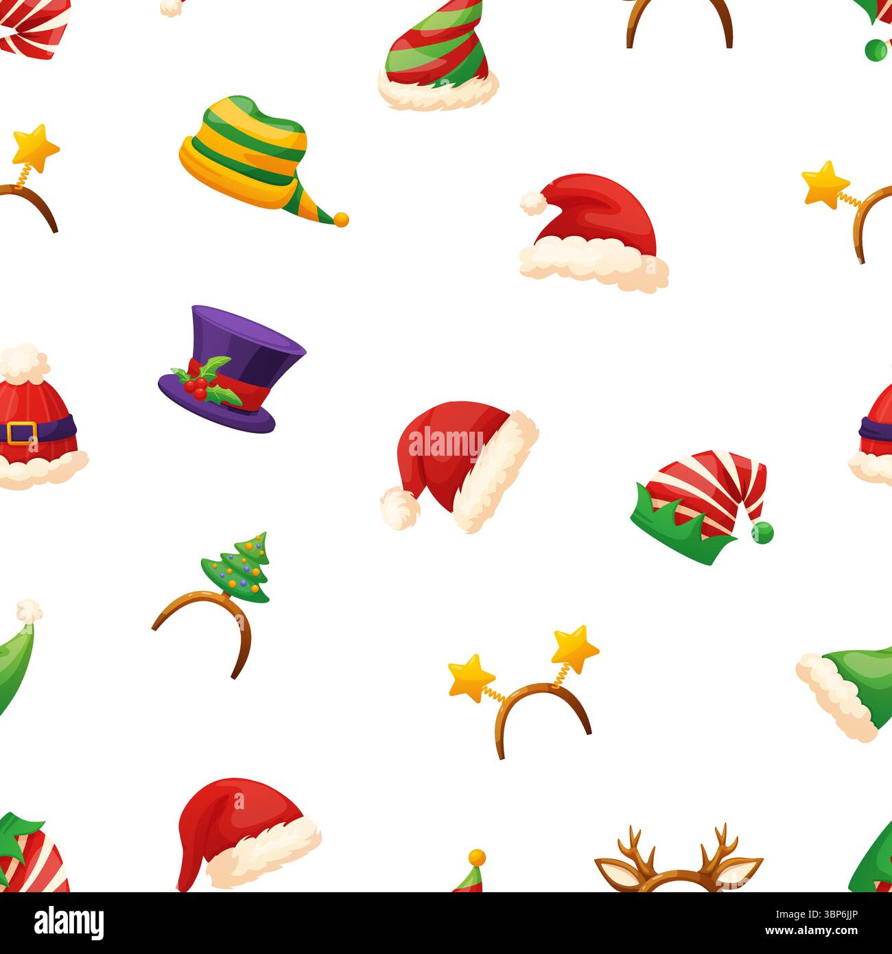 Weihnachtsmann, Elfenhüte. Verschiedene Cartoonkopf-Accessoires, Weihnachts- und Neujahrsdekorationen. Festliche, lebendige Winterferien mit Aufdruck für Stoff und Vektor Stock Vektor