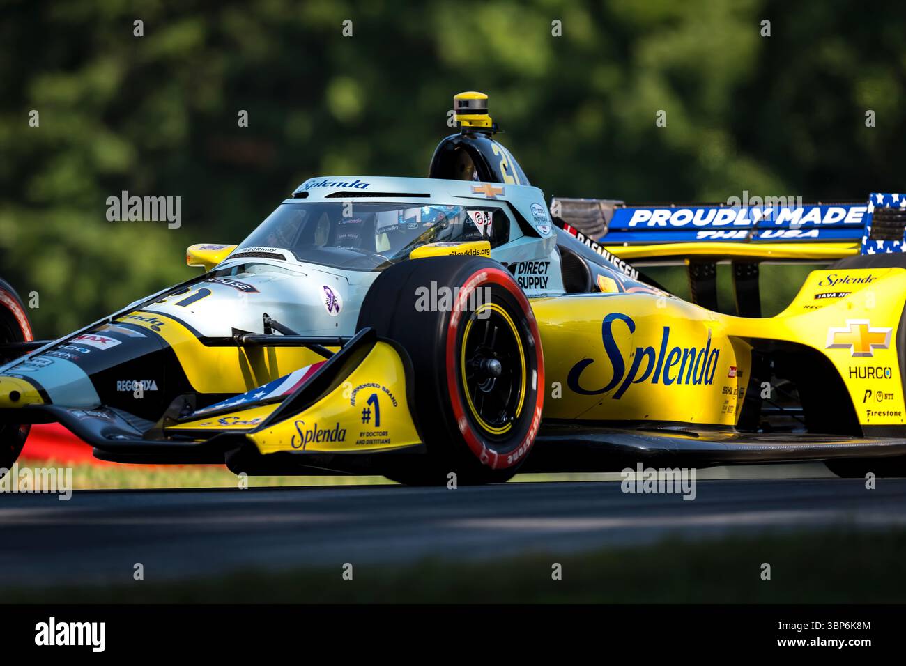 Lexington, OH, USA - 06. Juli 2025: CHRISTIAN RASMUSSEN (21) (DNK) aus Kopenhagen, Dänemark, reist während eines Trainings für den Honda Indy 200 auf dem Mid-Ohio Sports Car Course in Lexington OH durch die Kurven. Stockfoto