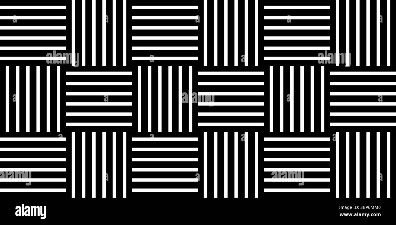 Korbstruktur aus Korb. Fliesen mit geraden, gekreuzten schwarzen und weißen Streifen. Hintergrund für parallele und senkrechte Linien. Abstraktes geometrisches Muster. Einfache Gewebestruktur. Vektorabbildung. Stock Vektor