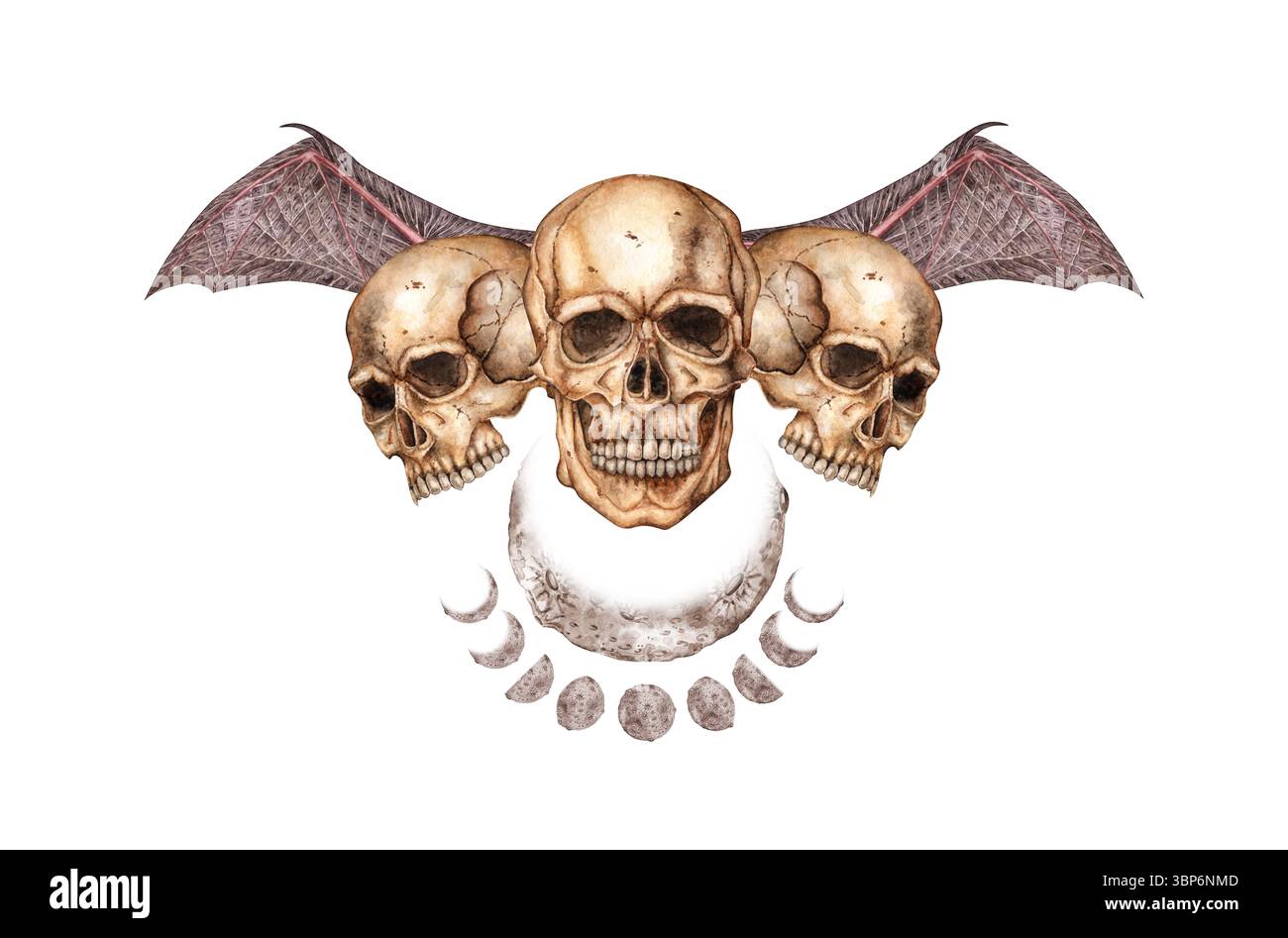 Menschliche Schädel mit Fledermausflügeln und Mondphasen Aquarellbilder. Knochen gruselig, schrecklich. Tag der Toten, Halloween, Dia de los muertos. Isoliert Stockfoto