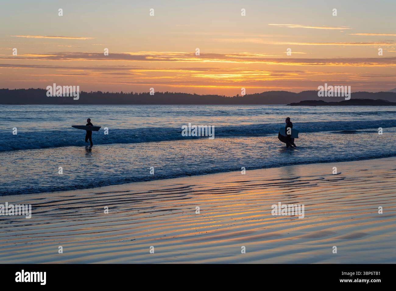 Surfer mit Surfbrettern am Chesterman Beach bei Sonnenuntergang, Tofino, Vancouver Island, British Columbia, Kanada. Stockfoto
