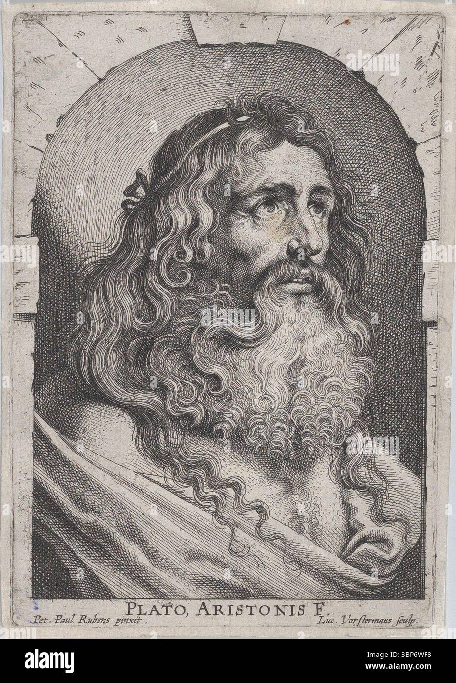 Gravur der Büste von Platon in einer Nische von Lucas Vorsterman I. nach Peter Paul Rubens, um 1620. Stockfoto
