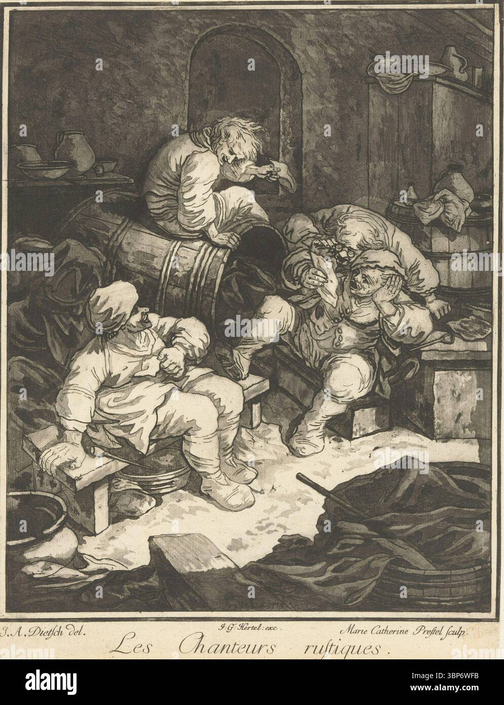 Les Chanteurs Rustiques (die rustikalen Sänger), ein Druck von Maria Catharina Prestel aus dem 18. Jahrhundert nach Johann Albrecht Dietzsch, der eine lebhafte Gruppe von Bauern in rustikaler Innenausstattung zeigt, um 1770–1785. Stockfoto