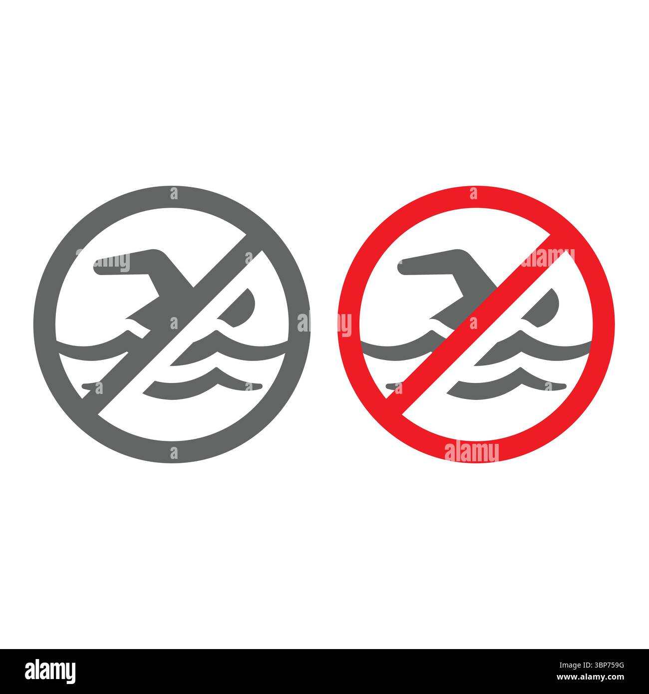 Kein schwimmendes Vektorverbot. Gefährliches Wasser, Schwimmen nicht erlaubt und Risikowarnsymbol. Stock Vektor