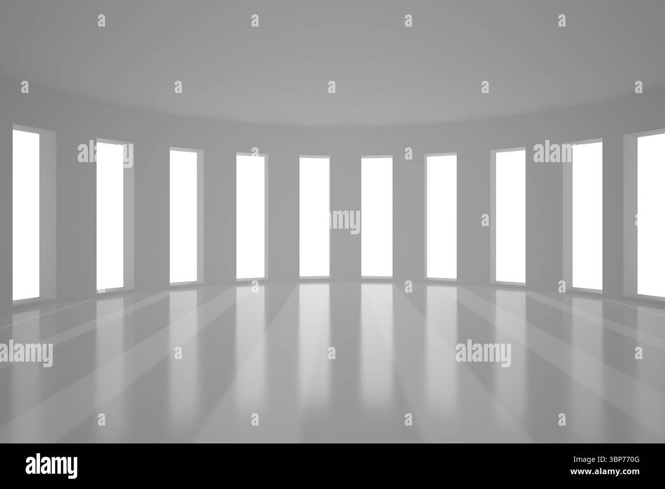 Leere, geschwungene Räume sind in flachem Design mit hohen Fenstern und reflektierendem Boden zu sehen Stockfoto