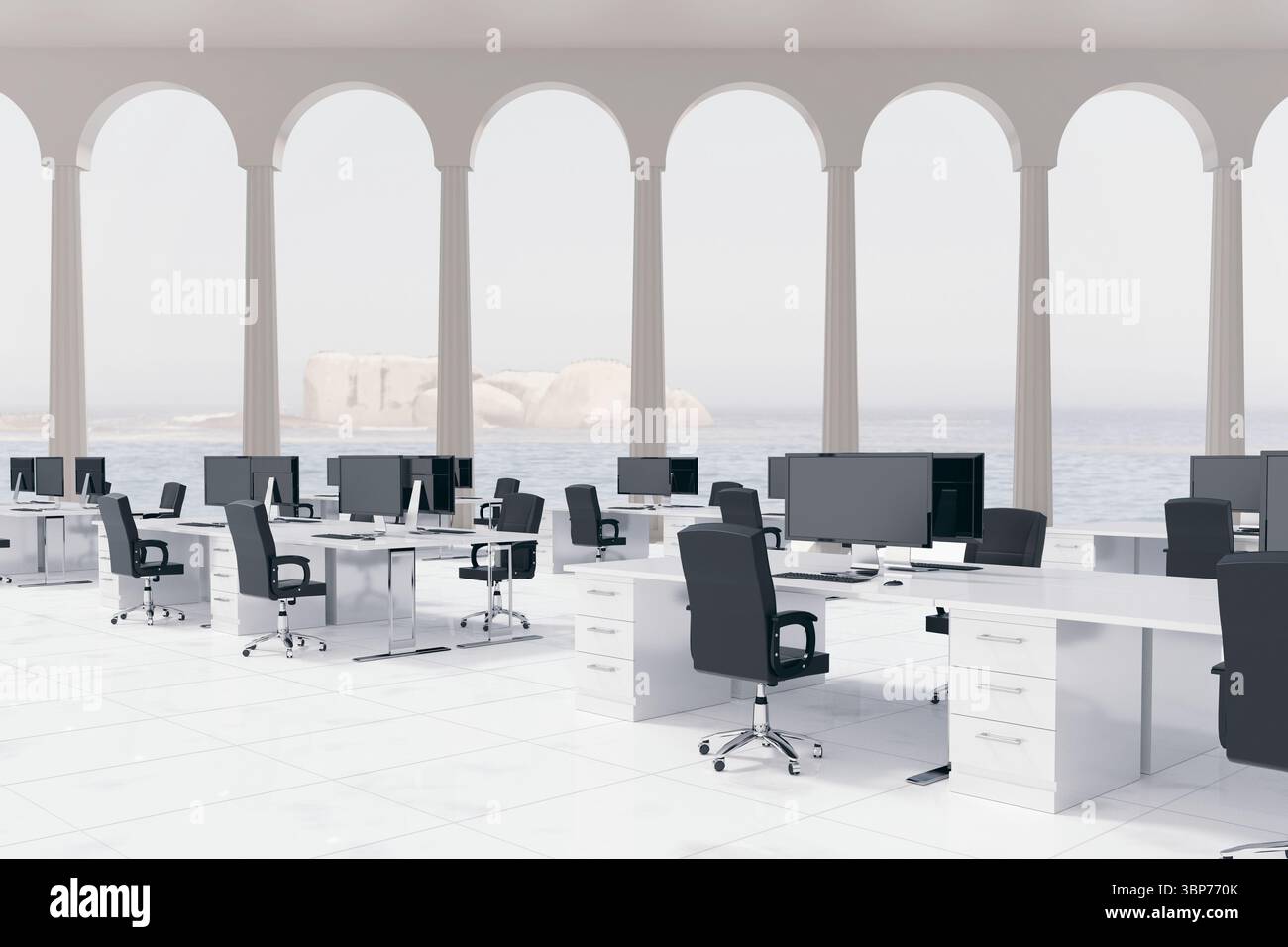 Das flache Design-Büro zeigt weiße Arbeitsplätze und schwarze Stühle unter Säulen, die zum Meer hin öffnen Stockfoto
