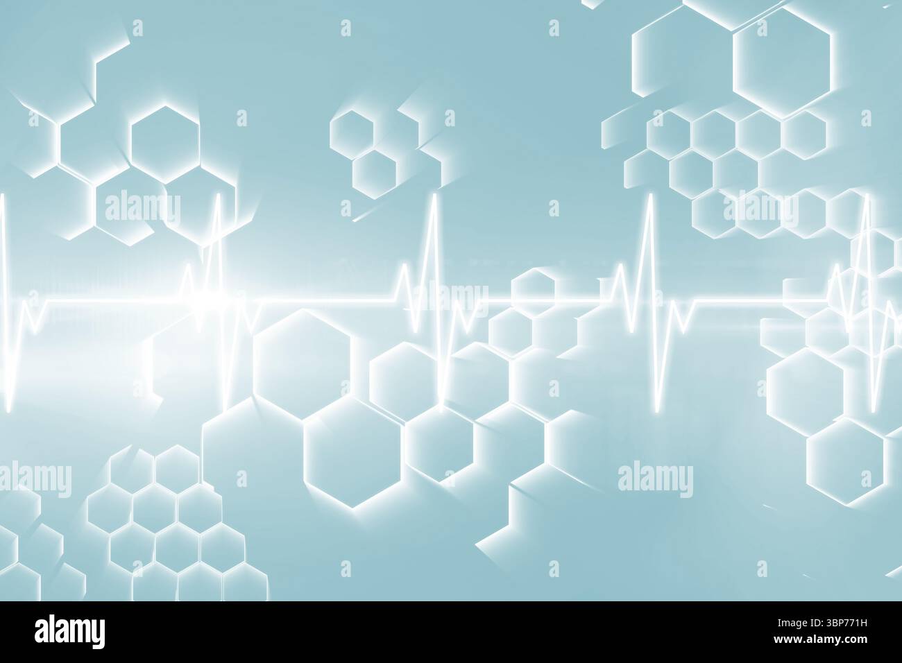 Pulsspur und Molekülstruktur vor blauem Hintergrund Stockfoto