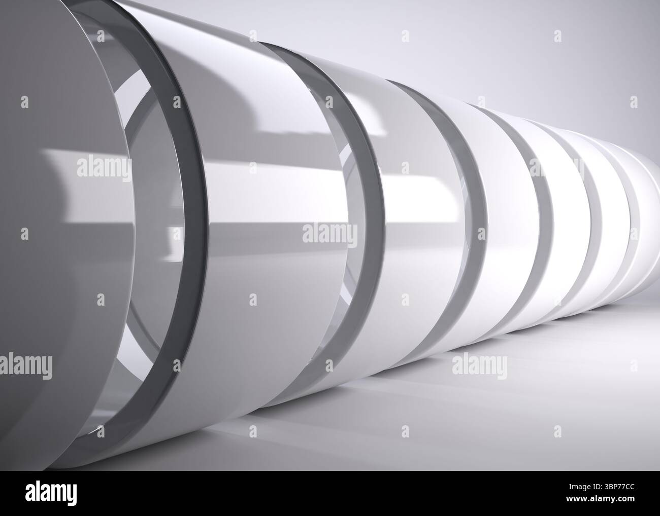 Glänzend weiße zylindrische Ringe schaffen eine minimalistische abstrakte Tunnelperspektive in flachem Design Stockfoto