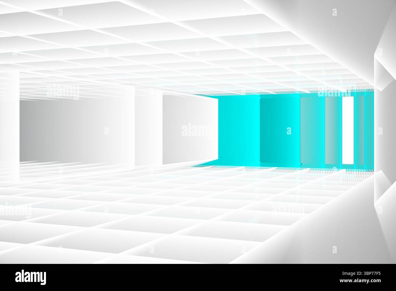 In minimalistischem 3D-Korridor mit Rastermuster erscheinen vertikale, türkisfarbene Paneele Stockfoto