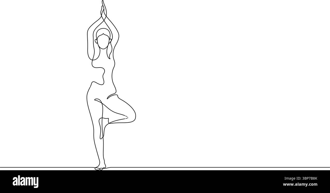 Frau, die Yoga ausübt stehender Baum Pose eine Linie Zeichnung kontinuierliche Hand gezeichnet Minimalismus Kopierraum Stock Vektor
