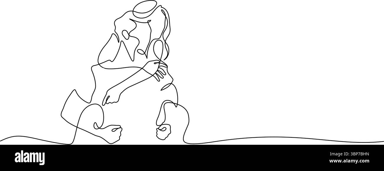 Glücklicher Mann Huckepack Freundin Dating freudige Zeitlinie Kunst. Kontinuierliche Linie Zeichnung Paar Tag Urlaub romantische Liebe Konzept handgezeichnete Minima Stock Vektor