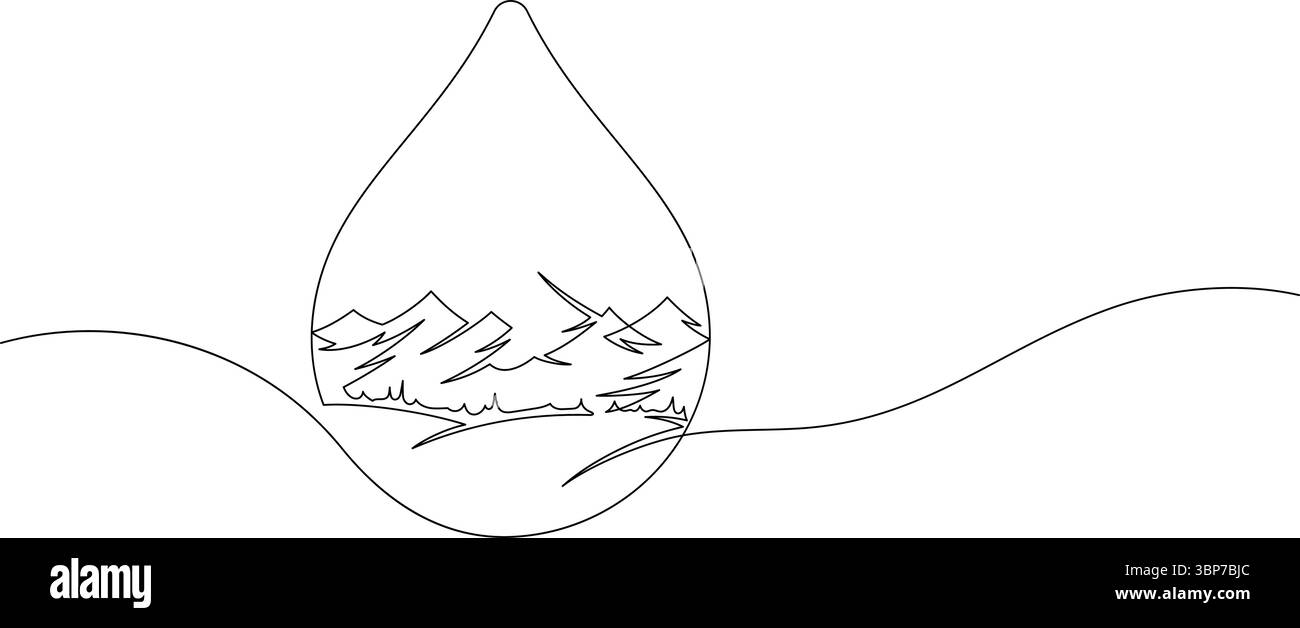 Die Umgebung der Berglandschaft und die Feldkiefer im Wassertropfen bilden eine Linienzeichnung. Reine Luft und Wasser natürliche ländliche Szene minimalistisches Deko Stock Vektor