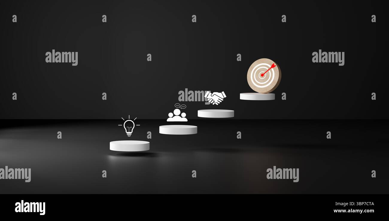 Vier weiße Schritte mit Ziel-, Wachstumsdiagramm-, Handshake- und Glühbirnen-Symbolen, die strategische Planung, das Erreichen von Zielen, erfolgreiche Partnerschaften, Stockfoto