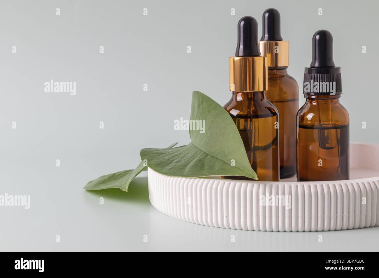 Serumflaschen auf Keramikschale. Nachhaltiges Lifestyle-Konzept, Naturkosmetik. Präsentation von Kosmetikprodukten ohne Marke. Kopierbereich Stockfoto