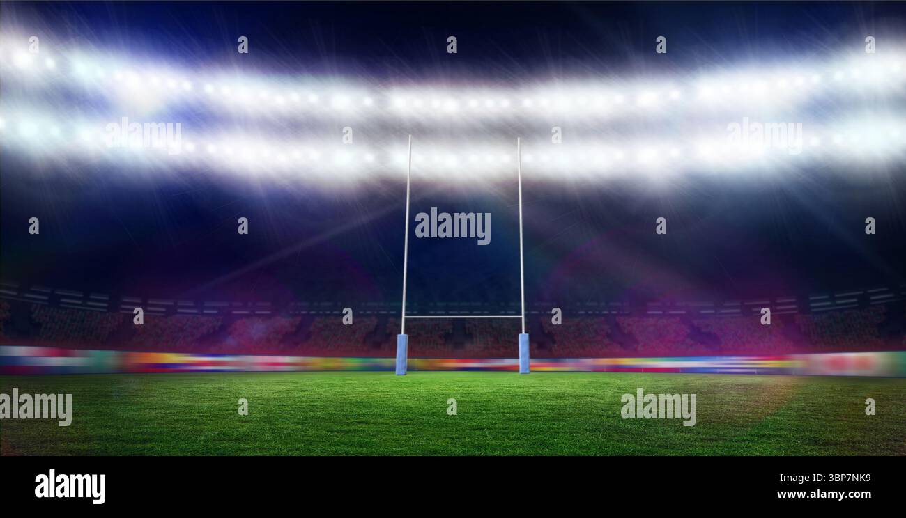 Rugby Torpfosten stehen auf grünem Rasen unter Flutlichtern in flachem Design mit blauer Polsterung Stockfoto
